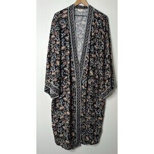 World Market Kimono Robe Gray Floral Belted Midi Made In India Boho Chic Large